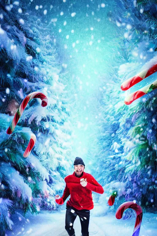 Image similar to a man running through a snowy christmas fantasy landscape, giant candy canes, colorful magic effects, olive skin, portrait, male, sharp focus, digital art, concept art, dynamic lighting, by emylie boivin and rossdraws