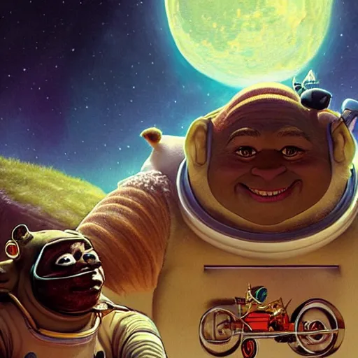 Image similar to shrek travels to the moon in a car, highly detailed, digital painting, artstation, concept art, smooth, sharp focus, illustration, art by artgerm and greg rutkowski and alphonse mucha