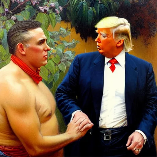 Image similar to attractive fully clothed donald trump confesses his love for his attractive roger stone. highly detailed painting by gaston bussiere and j. c. leyendecker 8 k