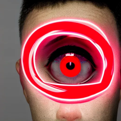 Image similar to profile of a beautiful! male with red mechanical! eye, neon glowing dark background by Tomohiro Suzuki