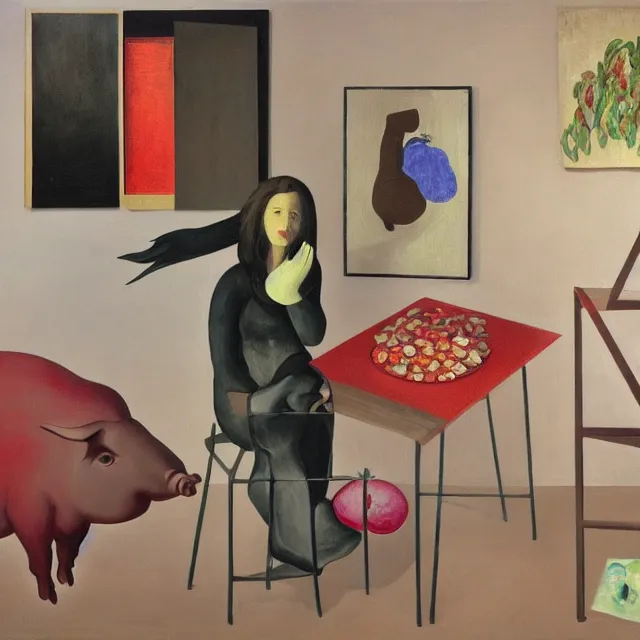 Image similar to a female art student in her apartment, sculpture work in progress, pig, pomegranate, acrylic on canvas, surrealist, by magritte and monet