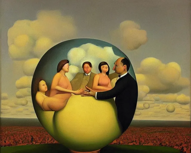 Image similar to a painting of two people in a large ball, a surrealist painting by Grant Wood, pinterest, pop surrealism, henry moore, surrealist, pre-raphaelite