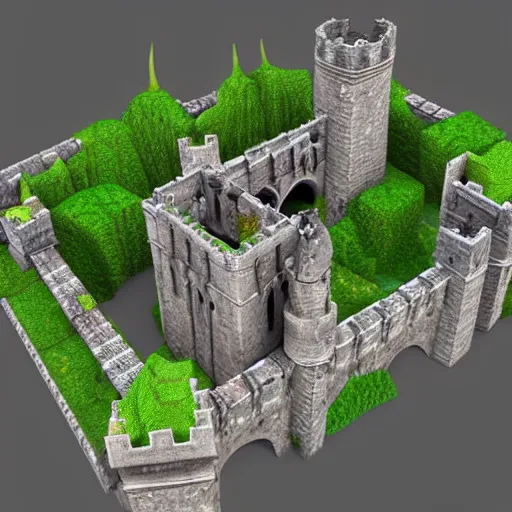 Image similar to medieval castle in a jungle, 3 d, isometric, courtyard, very low poly