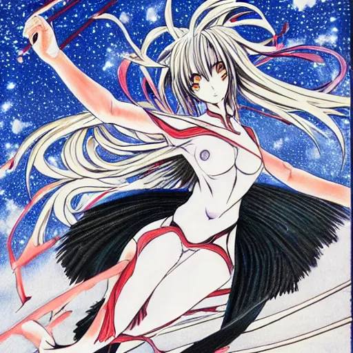 Prompt: it's an anime drawing by takeshi obata, it depicts a woman, lithe and graceful, leaping through the air, with a dozen swords, spinning, flying, and exploding all around her. in the background, the night sky is dark, filled with stars, and the moon is out, shining bright.