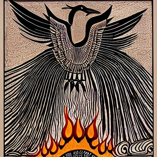 Image similar to a bird rising above the flames, mexican folk art, native american folk art, relief engraving, framed art, very simple, extremely abstract, deep black shading, mild expressionism, award winning