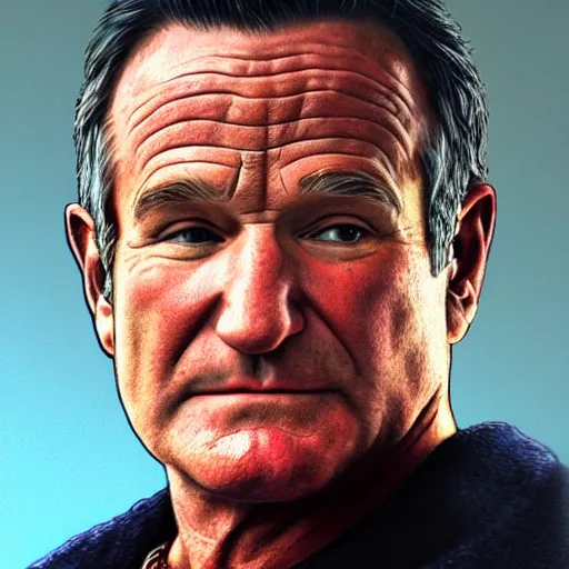 Image similar to Portrait of a Robin Williams in GTA V , art by Albert Bierstadt and James Gurney, highly detailed, digital painting, matte painting, concept art, illustration, oppressive lighting, trending on artstation, very detailed