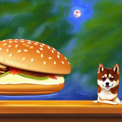 Prompt: a fortune-telling shiba inu reading your fate in a giant hamburger, digital art