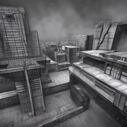 Image similar to scifi brutalist industrial complex, photorealistic