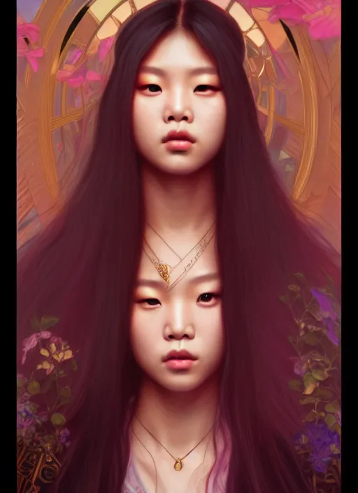 Prompt: jennie kim of blackpink, queen, tarot card, highly detailed, digital painting, smooth, sharp focus, illustration, ultra realistic, unreal engine, 8 k, art by simon bisley and greg rutkowski and alphonse mucha