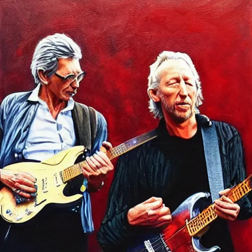 Image similar to “ Roger Waters and Eric Clapton kneeling before Mark Knopfler, oil painting, 4k”