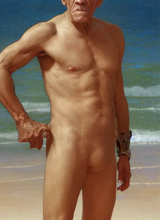 Image similar to portrait hector salamanca as sea lifeguard on the beach, full length shot, shining, 8k highly detailed, sharp focus, illustration, art by artgerm, mucha, bouguereau