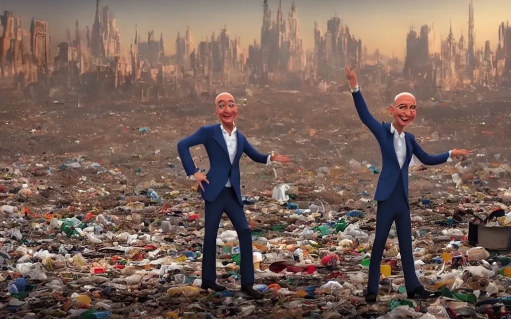 Image similar to a still from a disney animated film of jeff bezos dancing in a desolate wasteland, piles of trash scattered on the ground, city burning far in the background, 4 k