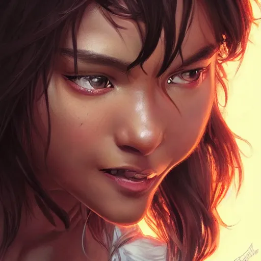 Prompt: demonic evil seductive cute fourteen year old brown skinned asian girl, tomboy, freckles!!!, fully clothed, highly detailed, digital painting, artstation, concept art, sharp focus, illustration, cinematic lighting, art by artgerm and greg rutkowski and alphonse mucha,