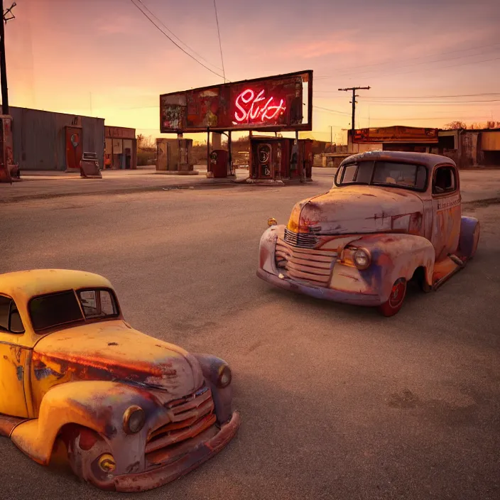 Image similar to a sunset light landscape with historical route 6 6, lots of sparkling details and sun ray ’ s, blinding backlight, smoke, volumetric lighting, colorful, octane, 3 5 mm, abandoned gas station, old rusty pickup - truck, beautiful epic colored reflections, very colorful heavenly, softlight