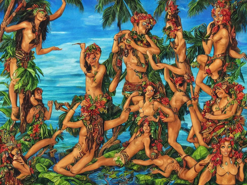 Image similar to island paradise, pagan gods, tiki lowbrow art