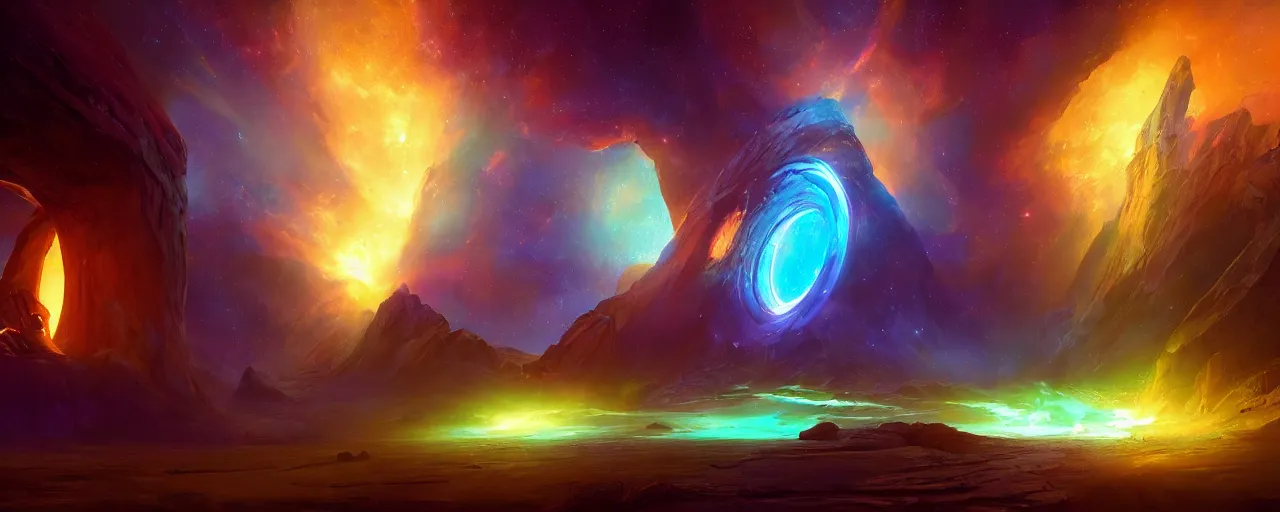 Prompt: a hyper realistic painting of a astral nebula portal, cinematic lighting, lit by morning light, by finnian macmanus and jessica rossier, unreal engine, featured on artstation, ultrawide angle,
