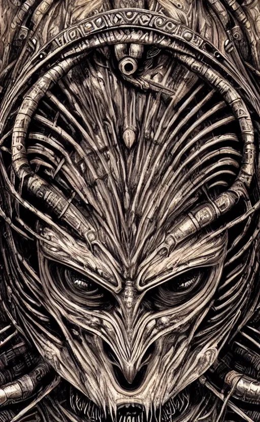 Image similar to H.R. Giger and Elden Ring themed painting of ancient hybrid majestic aztec shaman fantasy cyber human beautiful symmetrical face angry mask closeup face mask tattoo pattern golden ratio concept, deep forest psytrance Neo-Gothic concept, infinity glyph waves, intricate artwork masterpiece, very coherent artwork, cinematic, full frontal facial features by Artgerm, Takato Yamamoto, Zdizslaw Beksinski, Johnatan Wayshak, Moebius, Ayami Kojima, very coherent artwork, trending on cgsociety, ultra high quality model, production quality cinema model, high detail chromatic ink outline, octane render, unreal engine 8k, hyper realism, high detail, octane render, unreal engine, 8k, High contrast