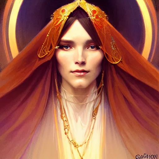 Image similar to character concept portrait of the oracle, a modest woman blessed by god to divine the future, tall and virtuous, symmetry, modestly clothed, intricate, elegant, highly detailed, digital painting, artstation, concept art, smooth, sharp focus, illustration, art by gaston bussiere and alphone mucha