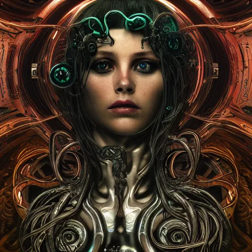 Image similar to Cyberpunk medusa, dark atmosphere, cinematic shot, intricate, ornate, photorealistic, ultra detailed, realistic, 35mm, photography, neon, octane, high definition, depth of field, bokeh, 8k, artstation, ((alphonse mucha)), (hr giger)