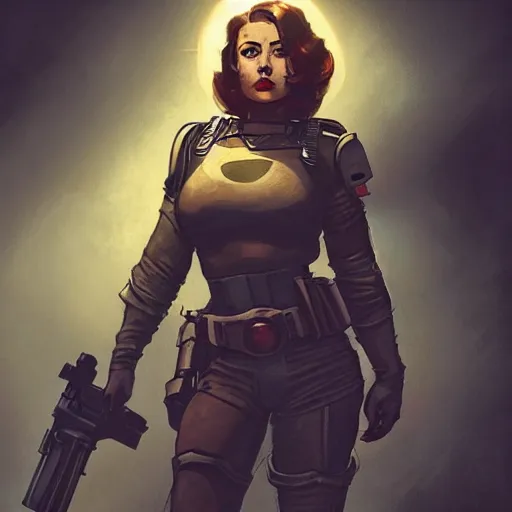 Image similar to fallout 5, concept art brunette rugged authoritarian female enclave officer portrait, concept art, comicstyle, atmospheric lighting, painted, intricate, volumetric lighting, beautiful, rich deep colors masterpiece, sharp focus, ultra detailed by jack kirby, ignacio fernandez rios, thierry doizon