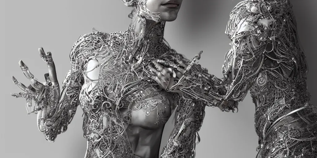 Image similar to hyper realistic photography of a beautiful cyborg androgynous humanoid, holding close, holding hands, chrome finish intricate filigree, in the style of beth cavener, jin kagetsu, wlop, highly detailed, symmetry, masterpiece, concept art, ringflash, highkey lighting, ambient lighting, octane render, 8 k, artstation