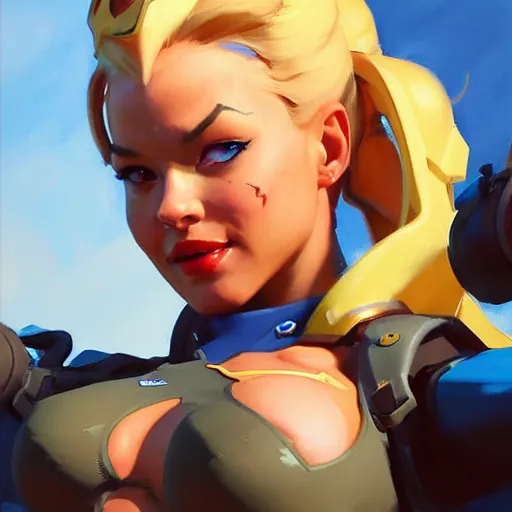 Image similar to Greg Manchess portrait painting of Cammy White as Overwatch character,, wacky, medium shot, asymmetrical, profile picture, Organic Painting, sunny day, Matte Painting, bold shapes, hard edges, street art, trending on artstation, by Huang Guangjian and Gil Elvgren and Sachin Teng