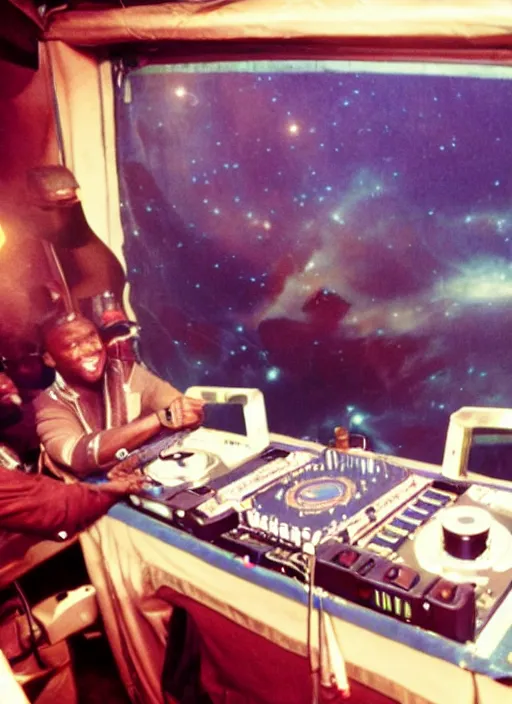 Prompt: analogue photo of an African DJ entertaining a crowd on a spaceship, planet earth seen from spaceship window, wide angle,