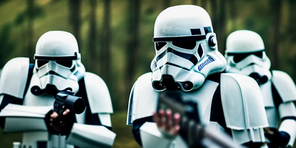 Prompt: photo of a clone trooper dancing in the wilderness, cinematic, anamorphic bokeh, 4 0 mm f / 2. 8, scenic