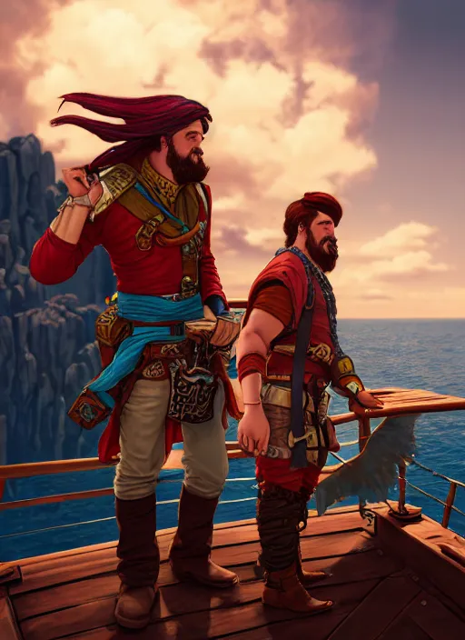 Image similar to an epic fantasy comic book style portrait painting of two bumbling idiot sky - pirates on the deck of a skyship looking at a chest, unreal 5, daz, hyperrealistic, octane render, cosplay, rpg portrait, dynamic lighting, very detailed faces