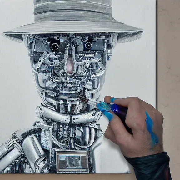 Prompt: robot artist painting a self - portrait on a canvas. intricate, highly detailed, photorealistic, film still, by alexandros pyromallis.