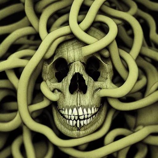 Prompt: extreme closeup photo of a Skulls shrouded in intestine vines, flies sitting on the skull, body horror, 3D render,subsurface scattering,global illumination,raytracing,studio lighting,optical lens flare fx,bokeh,cinematic,photorealistic,photography by Helmut Newton, Sigma 85mm f/1.4, 4K, UHD, HDR