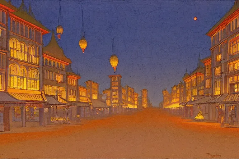 Prompt: tree-lined street at twilight in a very old very beautiful city by Thomas Seddon and Nicholas Roerich, glowing paper lanterns, strong dramatic cinematic lighting , ornate tiled architecture, lost civilizations, smooth, sharp focus, extremely detailed