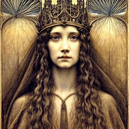 Image similar to detailed realistic beautiful young medieval queen face portrait by jean delville, gustave dore and marco mazzoni, art nouveau, symbolist, visionary, gothic, pre - raphaelite, art forms of nature by ernst haeckel, memento mori by zdzisław beksinski, horizontal symmetry