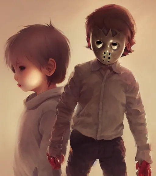 Image similar to beautiful little boy character inspired by jason voorhees and frankstein, art by rossdraws, wlop, ilya kuvshinov, artgem lau, sakimichan and makoto shinkai, concept art, anatomically correct, extremely coherent, realistic, smooth hd