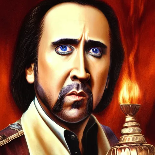 Image similar to a detailed fantasy character portrait of Nicolas Cage as godfather by lauri blank, artgerm, evelyn de morgan, 8K, 50mm lens