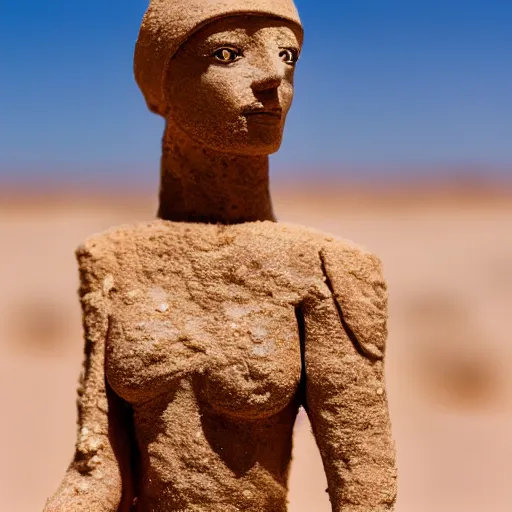 Image similar to detailed sculpture covered in salt shaped like a 30 year old woman in ancient Canaanite clothing, desert drought background. 40mm lens, shallow depth of field, split lighting