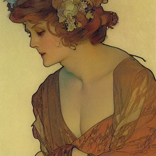 Image similar to woman's sideface, beautiful background, by alfons maria mucha, highly detailded