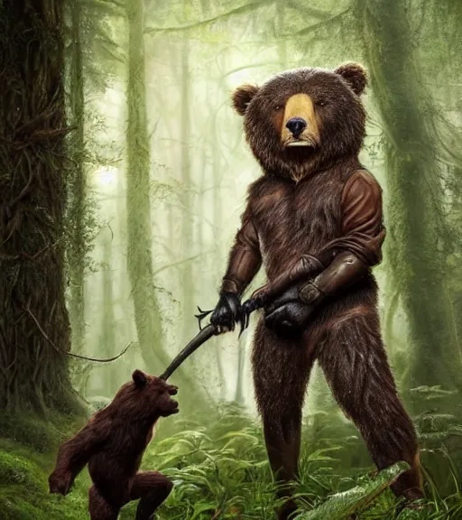 Prompt: Full body Portrait of grown male Beast Master, with dark brown messy hair, taned skin, green eyes, leather hunting attire, companion bear, visible face, magical forest in the background, D&D, DND, extremely detailed, detailed face, modest, high fantasy, matte painting, by artgerm and Craig Mullins, James Jean and Clyde Caldwell, trending on artstation artstationHD, artstationHQ, cgsociety, HD 16K, octane