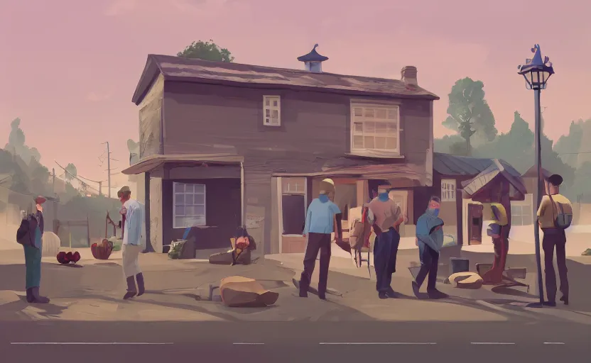 Image similar to a group of village farmers meet a local detective to outside his house, focus on the detective, james gilleard, print, game art