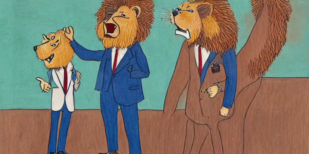 Image similar to an anthropomorphic lion wearing a suit and giving a thumbs up to his business partner, by lisa hanawalt, by wanda gag