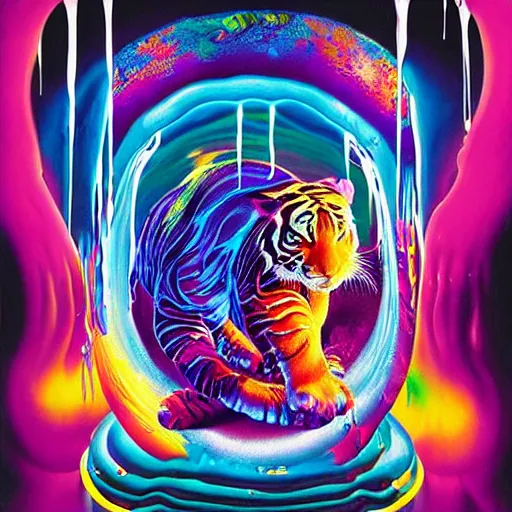Image similar to jelly rococo gel tigers bursting plasma and colorful auras, liquid, drippy, splashing, scifi 3 d paint spray by beeple, rob gonsalves, jeff koons, jacek yerka, m. c. escher