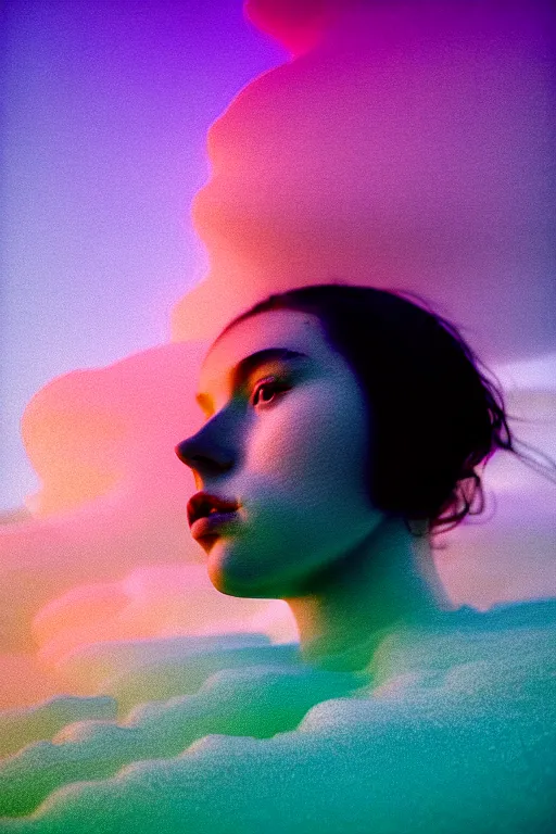 Image similar to high quality pastel coloured film close up wide angle photograph of a model wearing clothing swimming on cloud furniture in a icelandic black rock!! environment in a partially haze filled dreamstate world. three point light, rainbow. photographic production. art directed. pastel colours. volumetric clouds. pastel gradient overlay. waves glitch artefacts. extreme facial clarity. 8 k. filmic.