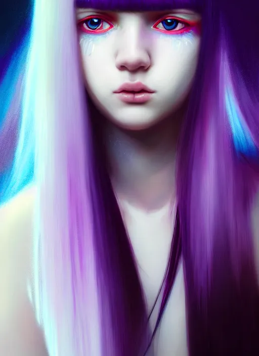 Image similar to hair whitebangs hair, black hair, whitebangs, portrait of teenage girl with white bangs, red irises, purple clothes, white bangs, bangs are different color from hair, intricate, elegant, glowing lights, highly detailed, digital painting, artstation, concept art, smooth, sharp focus, illustration, art by wlop, mars ravelo and greg rutkowski