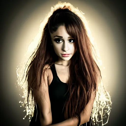 Prompt: Ariana Grande, grungy, unkept hair, glowing eyes, modelsociety, wet from rain, radiant skin, huge anime eyes, bright on black, dramatic, studio lighting, perfect face, intricate, Sony a7R IV, symmetric balance, polarizing filter, Photolab, Lightroom, 4K, Dolby Vision, Photography Award