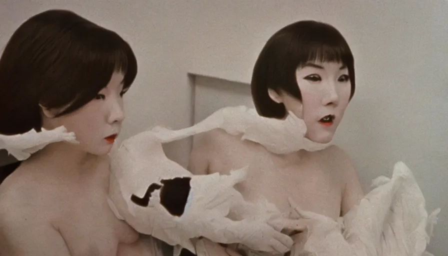 Image similar to 60s movie still of a white japanese female phantom with a flesh beak, eastmancolor, heavy grain, high quality, higly detailed, liminal space