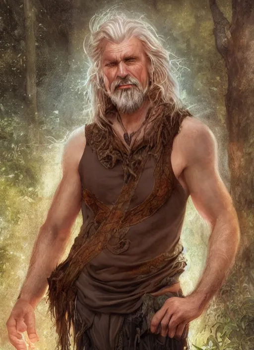 Image similar to a relaxed male middle aged druid in a sleeveless west, short brown hair, stringy, full body, 8 k, hyperrealistic, hyperdetailed, fantasy portrait by laura sava