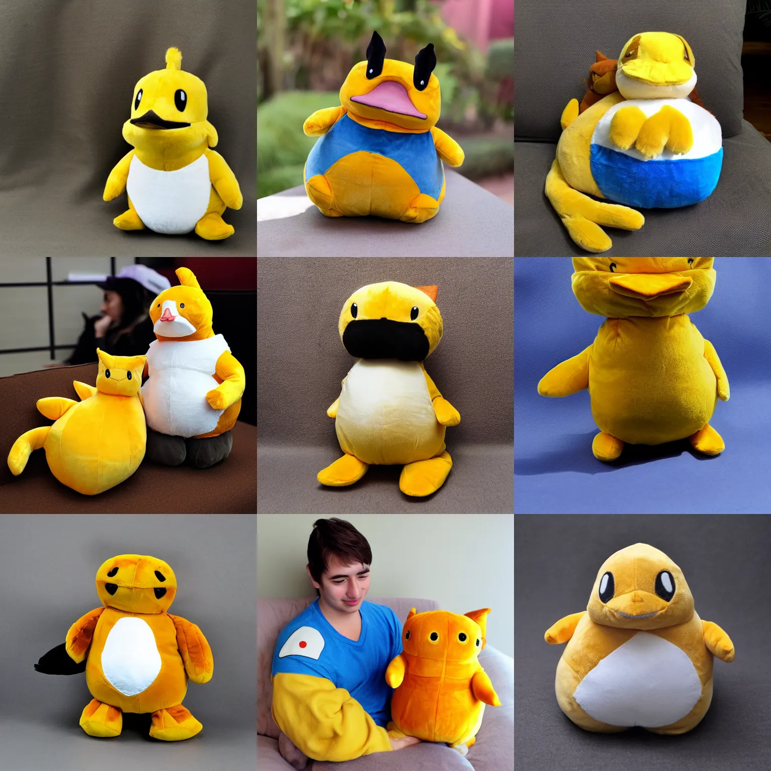 Prompt: psyduck plush with a cat on the shoulder