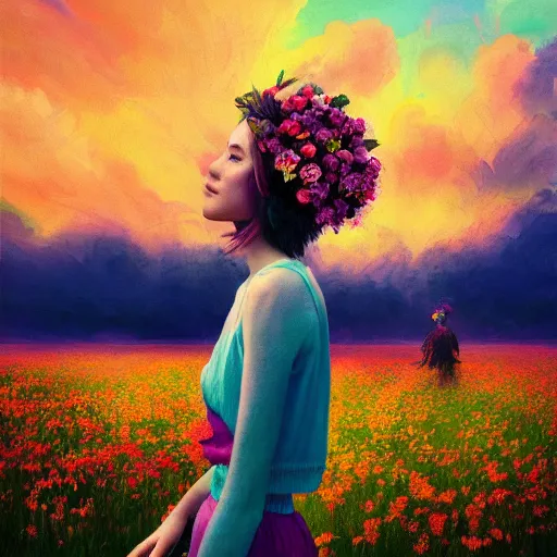 Prompt: girl with a blooming flower head, surreal photography, dream, standing in flower field, magical, in a valley, sunrise dramatic light, impressionist painting, colorful clouds, artstation, simon stalenhag, flower face