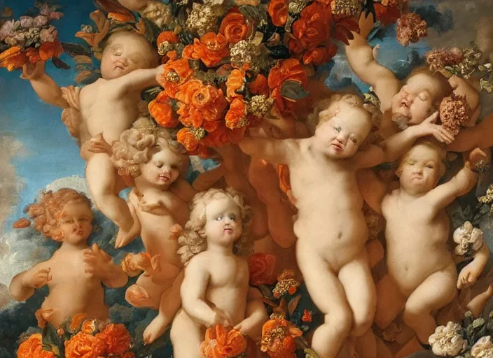 Image similar to cheeto's, extremely detailed, cheeto's surrounded by flowers and cherubs, a baroque painting, rococo style