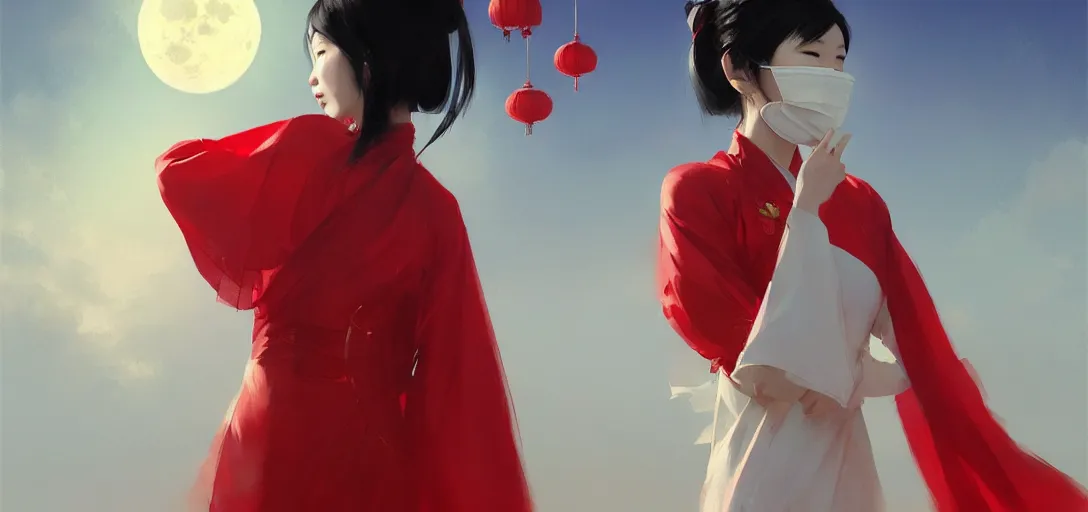 Image similar to vietnamese female with white cloth mask wearing traditional red ao dai, full moon on the sky, digital illustration by ruan jia, a ultra detailed beautiful panting by ilya kuvshinov, greg rutkowski and makoto shinkai, trending on artstation